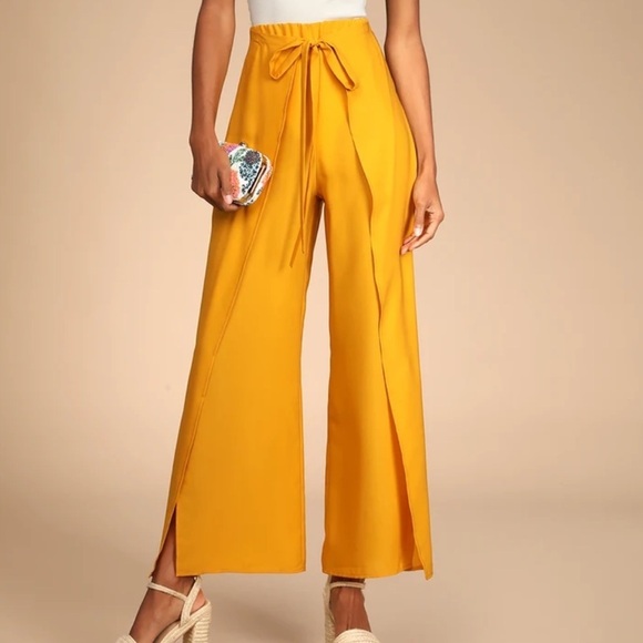 Lulus Bright and Breezy Marigold Tie-Front Culotte Side Slit Pants - Picture 1 of 7